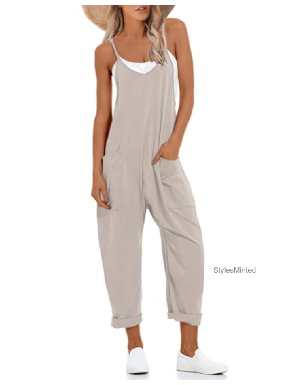 Womens V Neck Sleeveless Harem Overalls Adjustable Strap Romper Pockets